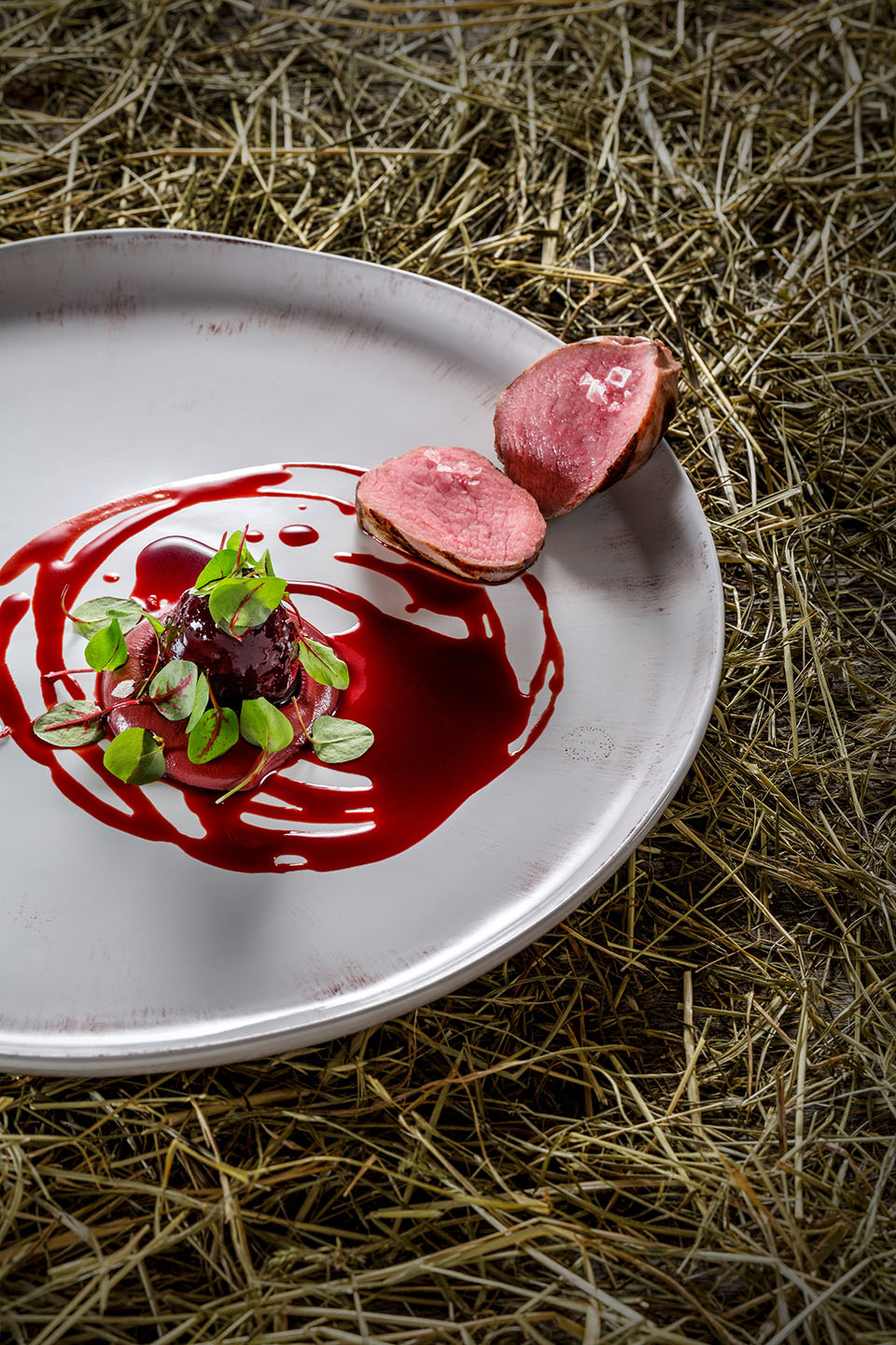 Hangar-7; Kochbuch 2015; Kobe Desramaults; Gastkoch November 2014; Mangalica Schwein, Rote Bete, Taube, Heu;