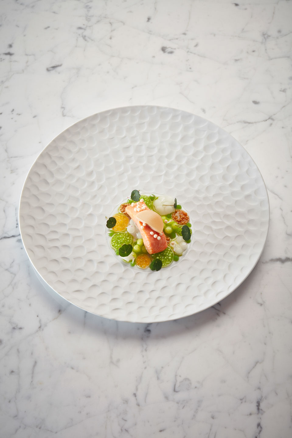 Joachim Wissler guest chef April 2019, food, cookbook, Restaurant Ikarus, Hangar-7, Salzburg, Austria, 2019.04.17, Char from Lechtal in juniper berry butter with leek and spruce shoots / Joachim Wissler, Gastkoch April 2019, Gericht, Kochbuch, Restaurant Ikarus, Hangar-7, Salzburg, Österreich, 2019.04.17, Lechtal Saibling in Wacholderbutter mit Lauch und Fichtensprossen